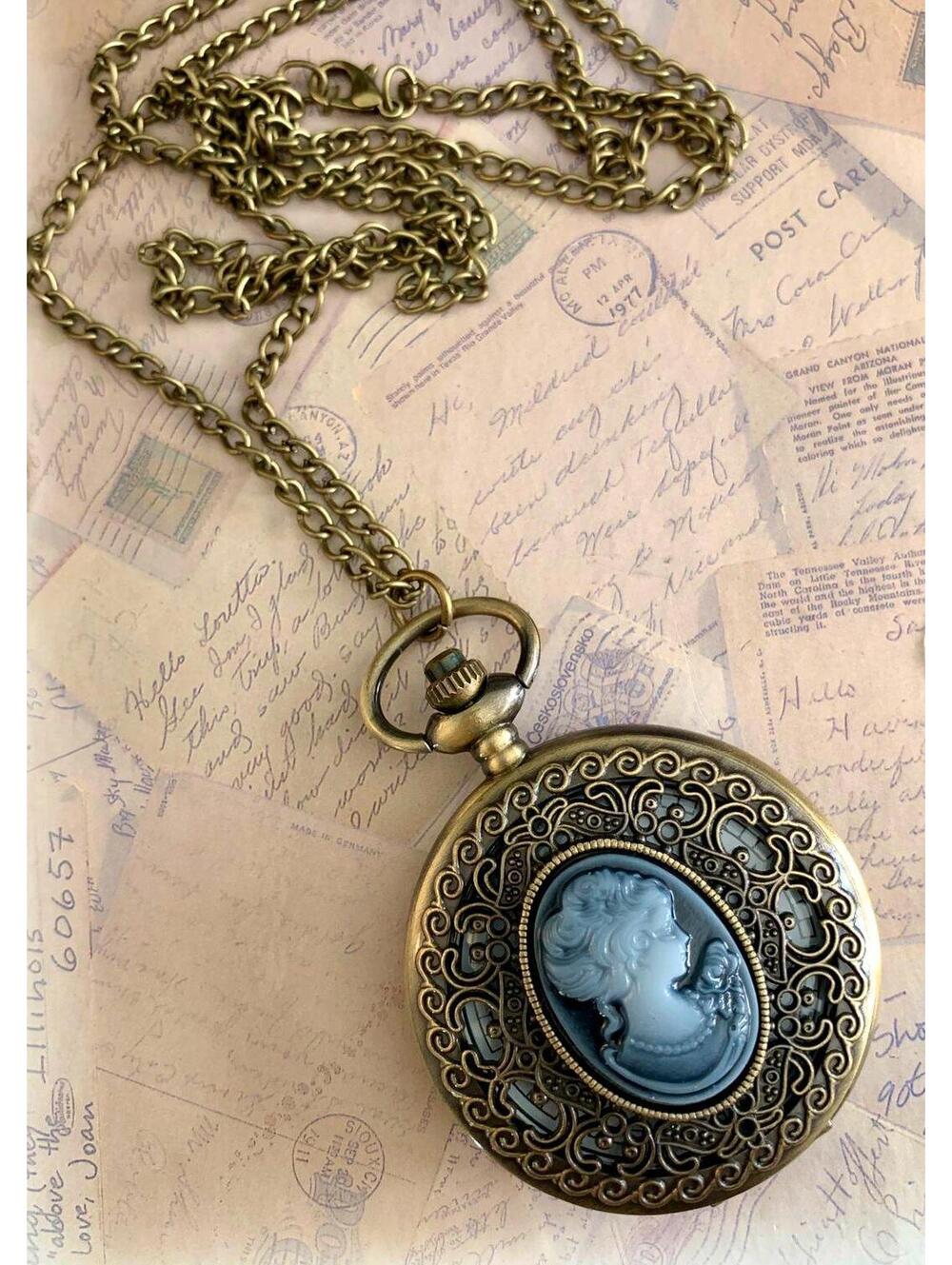 Ethereal Blue Cameo Pocket Watch Necklace - Antiqued Filigree Timepiece Pendant